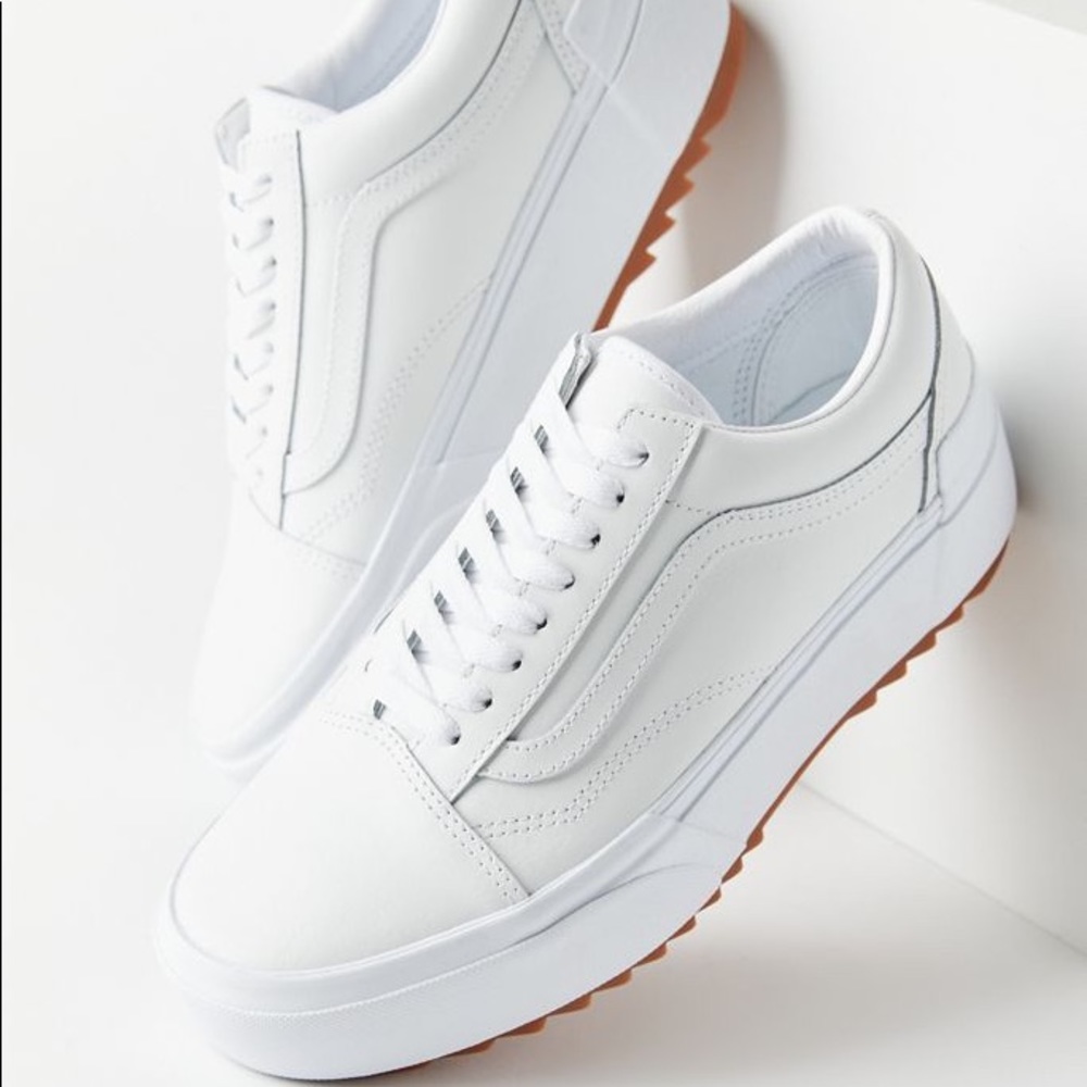White platform stacked leather vans